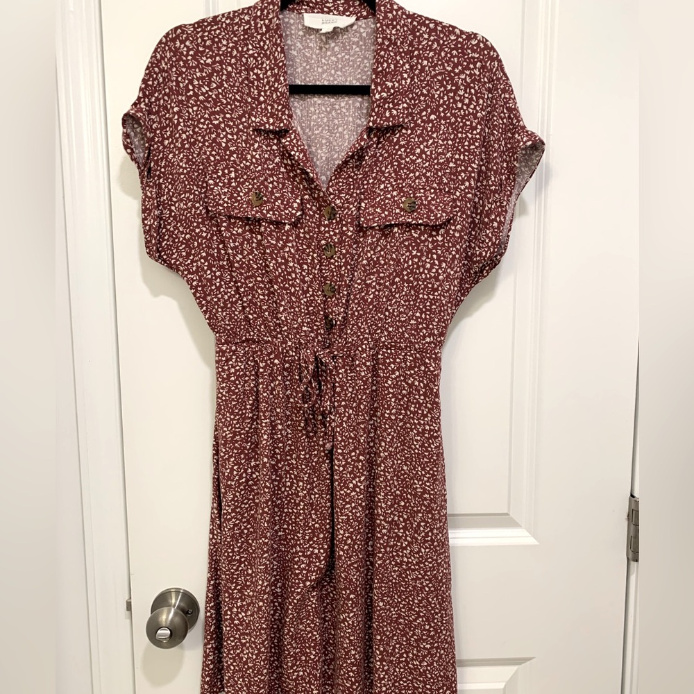 Lucky Brand Burgundy Buttoned Tie Front Short Sleeved Shirt Dress Size Small